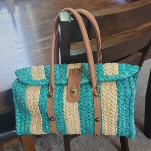 Stylish Green and Tan Woven Satchel with Leather Details